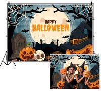 SDOTPMT 2.7x1.8m Happy Halloween Backdrop Full Moon Jack - o'- lanterns Witch Hat Broomstick Skull Tombstone Cemetery Gate Cobwebs Bats Photography Background for Celebrating Festival Decor