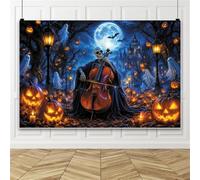 SDOTPMT 2.7x1.8m Happy Halloween Backdrop Solo Cello Skeleton Funny Photo Banner Glowing Jack Pumpkin Lantern Retro Streetlight with Blue and Dark Atmosphere Halloween Background Decor