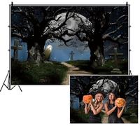 SDOTPMT 2.7x1.8m Spooky Graveyard Halloween Backdrop Full Moon Gnarled Trees Tombstones Dirt Path Eerie Coffin Glowing Fireflies Photography Background for Celebrating Festival Sinister Decor