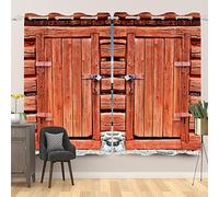 SDOTPMT 21x63inch, 2 Panels Red Brown Wooden Barn Door Window Curtain Vintage Aged Wood Plank with Padlock Window Drapes Retro Farmhouse Rural Village Blackout Curtains for Living Room Bedroom