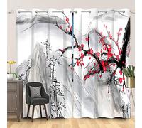 SDOTPMT 26x63inch Abstract Mountain Red Cherry Blossom Window Curtain Japanese Ink Painting Window Drapes Oriental Traditional Window Curtain for Living Room Bedroom Blackout Curtains, 2 Panels