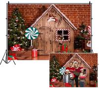 SDOTPMT 3.6x2.5m Christmas Gingerbread House Backdrop Wooden Cottage Large Peppermint Palm Trees Gifts Festive Figures Photography Background for Children Holiday Party Shoots Scenes