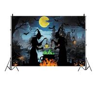 SDOTPMT 3.6x2.5m Halloween Backdrop Witch Cauldron Backdrop Spooky Full Moon Haunted Castle Graveyard Bat Pumpkin Jack-o-Lantern Background for Halloween Party Photo Booth Decorations