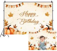 SDOTPMT 3.6x2.5m Happy Birthday Backdrop Flowing Brown Pumpkins Orange Cream Autumn Leaves Pastel Pennant Gold Glitter Photography Background for Autumn Harvest Party Warm Festive Decor
