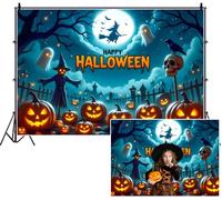 SDOTPMT 3.6x2.5m Happy Halloween Backdrop Full Moon Witch Flying on Broomstick Ghosts Scarecrow Jack - o'- lanterns Photography Background for Vibrant Celebrating Festival Decor