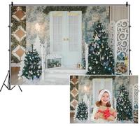 SDOTPMT 3.6x3m Christmas Entrance Backdrop Light Blue Door Snow Steps Colorful Ornaments Palm Trees Photography Background for Family Reunion Shoots Props Children Holiday Party Decor