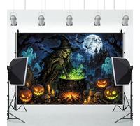 SDOTPMT 3.6x3m Halloween Backdrop Skeleton Witch Cauldron Spooky Full Moon Haunted Castle Ghost Bat Graveyard Tombstone Pumpkin Jack-o-Lantern Background for Halloween Party Photo Booth Decorations