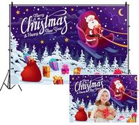 SDOTPMT 3.6x3m Magical Christmas Night Backdrop Happy New Year Cartoon Santa Claus on Sleigh Gifts Snow-covered Trees Stars Moon Photography Background for Children Holiday Party Decor