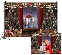 SDOTPMT 3.6x3m Merry Christmas Backdrop Wooden Large Arched Window with Red Curtains Exquisite Palm Tree Santa on Sleigh Flying Plush Toys Photography Background for Family Reunion Shoots Props