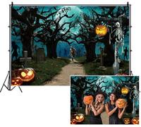 SDOTPMT 3x2.2m Halloween Graveyard Backdrop Moonlit graveyard path Trees Jack - o'- lanterns Skeletons Zombies Bats Flying Photography Background for Celebrating Festival Spooky Decor