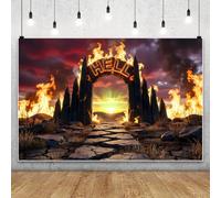 SDOTPMT 3x2.2m Halloween Hell's Gate Backdrop Burning Flaming Hell Archway Glowing HELL Letter Stone Path Photography Background Dark Red Cloud Sky Horror Backdrop for Kid's Halloween Party Decor