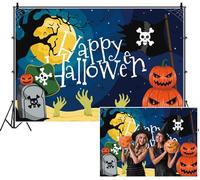 SDOTPMT 3x2.5m Happy Halloween Backdrop Cartoon Full Moon Zombie Hands Jack - o'- lanterns Skull Crossbones on Tombstone Photography Background for Celebrating Playful Festival Decor
