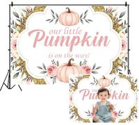 SDOTPMT 3x2.5m Our Little Pumpkin is on the Way Backdrop Sweet Baby Pink Roses Green Foliage Gold Glitter Accents Photography Background for First Birthday Shoots Sweet Festive Atmosphere