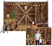 SDOTPMT 3x2.5m Rustic Western Barn Interior Backdrop Wooden Barn Walls Cowboy Hats Guitar Lantern Barrels Hay Bales Photography Background for Kids Adults Cowboy Cozy Ranch Party Supplies