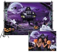 SDOTPMT 3x2.5m Spooky Halloween Backdrop Mansion Haunted Full Moon Bats Ghosts Jack - o'- lanterns Fog Ancient Trees Purple Photography Background for Celebrating Holiday Decor Eerie Atmosphere