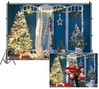 SDOTPMT 3x2m Christmas Backdrop White Screen Blue Wall Decorated Beautiful Palm Trees Gnomes Stars Fairy Lights Photography Background for Children Holiday Party Shoots Scenes