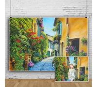 SDOTPMT 3x2m Italy Street Backdrop Oil Painting Vintage Flower Alley Medieval Architecture Landscape Photography Background Spring Holiday Travel Theme Party Banner Photo Backdrop