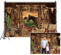 SDOTPMT 3x2m Rustic Western Barn Backdrop Barn Wooden Doors Horse Hay Bales Cowboy Boots Wheels Sunset View Photography Background for Kids Adults Party Supplies Country Atmosphere