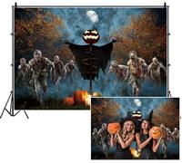 SDOTPMT 4.5x3m Terrifying Zombie Halloween Backdrop Scarecrow with Jack - o'- lantern Head Moon Autumn Trees Fog Pumpkins Skull Candle Photography Background for Celebrating Festival Spooky Decor