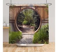 SDOTPMT 41x63inch Nature Garden Scenery Shower Curtain Round Wooden Door Farmhouse Vintage Bath Curtain Green Botany Leaves Bathtub Curtain for Bathroom Decor Fabric Polyester with Hooks