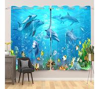 SDOTPMT 42x63 Inch Tropical Ocean Whale Window Curtain Cute Fish Turtle Dolphin Coral Underwater World Window Drapes for Kids Bedroom Nursery Room, Thermal Insulated Blackout Curtains, 2 Panels
