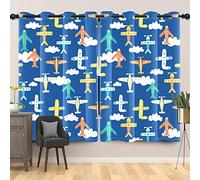 SDOTPMT 42x63inch Cartoon Airplane Tools Window Curtain Clouds Kids Tools Hand Drawn Window Drapes Dark Blue Background Window Treatment for Nursery Bedroom Decor Blackout Curtains, 2 Panels