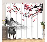 SDOTPMT 42x63inch Japanese Ink Painting Window Curtain Red Cherry Blossom Abstract Mountain Window Drapes Oriental Traditional Window Curtain for Living Room Bedroom Blackout Curtains, 2 Panels