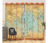 SDOTPMT 42x63inch Vintage World Map Window Curtain Map Educational Theme Ocean Continents Nautical Window Drapes Tourist Geography Map Curtain for Living Room Bedroom Blackout Curtains, 2 Panels