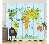 SDOTPMT 42x63inch World Map Window Curtain Kids Educational Theme Cartoon Animal Ocean Continents Window Drapes Tourist Geography Animal Map Blackout Curtains for Living Room Bedroom, 2 Panels