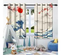 SDOTPMT 42x84inch Japanese Window Curtain Ink Painting Mt. Fuji Red Sun Sunset Cherry Blossom Flowers Huge Sea Waves Window Drapes for Asian Japanese Style Bedroom Blackout Curtains, 2 Panels