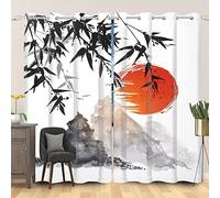 SDOTPMT 42x96inch Japanese Classic Ink Painting Window Curtain Mt Fuji Red Sun Bamboo Leaves Window Drapes Oriental Traditional Window Curtain for Living Room Bedroom Blackout Curtains, 2 Panels