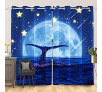 SDOTPMT 46x54 Inch Blue Whale Tail Window Curtain Bright Moon Starry Star Sky Ocean Fish Meteor Modern Galaxy Painting Window Treatment Drapes for Kid Bedroom Thermal Insulated Curtain, 2 Panels