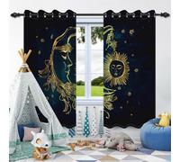 SDOTPMT 46x54 Inch Gothic Tarot Astrology Window Curtain Bohemian Hippie Golden Sun Crescent Moon Night Sky Bright Star Window Treatment Drapes for Bedroom Thermal Insulated Curtain, 2 Panels