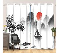 SDOTPMT 46x54inch Japanese Window Curtain Misty Mountain Boat Sun Bamboo Leaf Window Drapes Oriental Traditional Ink Painting Window Curtain for Living Room Bedroom Blackout Curtains, 2 Panels
