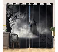 SDOTPMT 46x90inch Halloween Night Foggy Window Curtain Scary Witch Tree Branches Grave Crows Window Drapes Horror Theme Window Treatment for Living Room Bedroom Blackout Curtains, 2 Panels