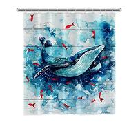 SDOTPMT 48x72 Inch Blue Whale Shower Curtain for Kids Ocean World - Cute Red Fish, Sea Wave, Wood Plank Design - Polyester Waterproof Bathroom Curtain With Hooks
