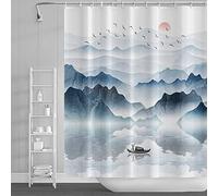 SDOTPMT 48x72 Inch Mountain Landscape Shower Curtain Lake Wooden Boat Red Sun Wild Goose Nature Scenery Foggy Modern Oil Painting Bath Curtain Fabric Polyester Bathroom Curtain with Hooks