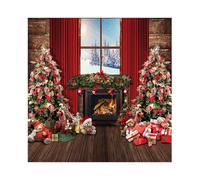 SDOTPMT 4x4ft Christmas Window Polyester Backdrop Winter Wonderland Forest Fireplace Pine Tree Xmas Gift Box Photo ground Background for New Year Party Banner Decor Family Photo Shoot Booth Props