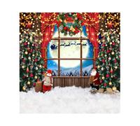 SDOTPMT 4x4ft Christmas Window View Polyester Backdrop Full Moon Night Scene Snowman Santa Claus Elk Christmas Trees Photography Background for Family Party Photo Xmas Holiday Decor Studio Props