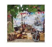 SDOTPMT 4x4ft Pirate Theme Photo Polyester Backdrop Cruises Ocean Seascape Wooden Floor Treasure Box Oak Barrels Background for Summer Holiday Children Boys Portrait 1st Birthday Party Decor