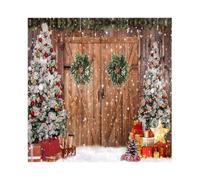 SDOTPMT 4x4ft Winter Christmas Rustic Wooden Barn Door Backdrop Snowfield Scenery Christmas Ball Pine Trees Garland Gift Box Background for Christmas New Year Eve Party Decor Polyester Props