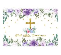 SDOTPMT 5x3ft God Bless Purple Floral Polyester Backdrop for Kids First Holy Communion Prom Background Happy Birthday Party Supplies Decoration Studio Props Favors Newborn Baby Shower Banner