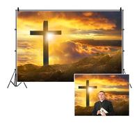 SDOTPMT 5x3ft Jesus Christ Cross Sunrise Polyester Backdrop Mountain Top Sunset Glow Sky Photography Background Holy Light Jesus Resurrection Christian Church Wallpaper Decor Props