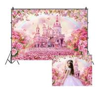 SDOTPMT 5x3ft Princess Castle Polyester Backdrop Falling Pink Spring Cherry Blossoms Petals Colorful Rainbow Fairy Tale Wonderland Background for Sweet Girl Birthday Party Cake Table Banner Decor