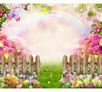 SDOTPMT 5x5ft Spring Garden Polyester Backdrop Rabbit Colorful Eggs Watercolor Floral Rainbow Background Romantic Vibrant Color Backgrounds for Kids Birthday Party Decor Cake Table Supplies