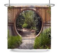 SDOTPMT 60x72inch Nature Garden Scenery Shower Curtain Round Wooden Door Farmhouse Vintage Bath Curtain Green Botany Leaves Bathtub Curtain for Bathroom Decor Fabric Polyester with Hooks