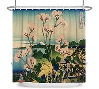 SDOTPMT 65x72inch Japanese Spring Landscape Shower Curtain Cherry Blossom Ukiyo-e Kanagawa Bath Curtain Fuji Mountain Orient Traditional Ethnic Anime Curtain for Bathroom Polyester with Hooks