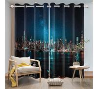 SDOTPMT 66x90 Inch Urban City Night View Window Curtain Skyline Starry Sleeping City Dramatic Skyscrapers Lake Metropolis Image Window Drapes Thermal Insulated Curtains for Bedroom, 2 Panels