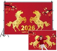 SDOTPMT 6x3m 2026 Happy New Year Celebration Backdrop Year of the Horse Scene Golden Horse Motif Red Lantern Plum Blossom Photography Background Traditional Spring Festival Eve Party Banner