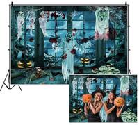 SDOTPMT 6x3m Gruesome Halloween Horror Backdrop Blood Splattered Ghosts Skulls Zombies Jack - o'- lanterns Cobwebs View Photography Background for Celebrating Festival Terrifying Decor